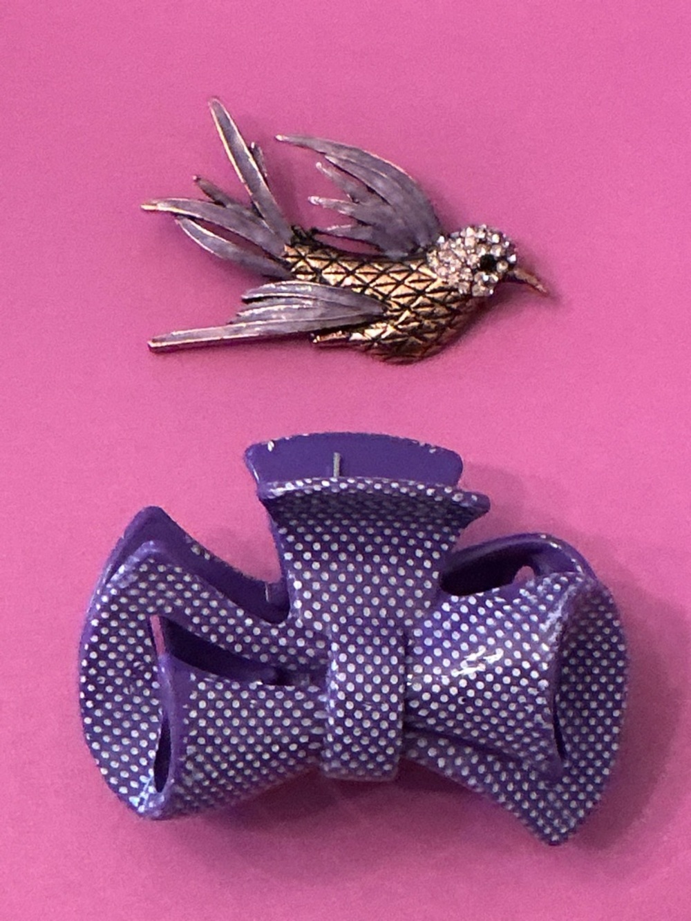 Purple Polka Dot Bow Hair Clip with Gold Bird Brooch